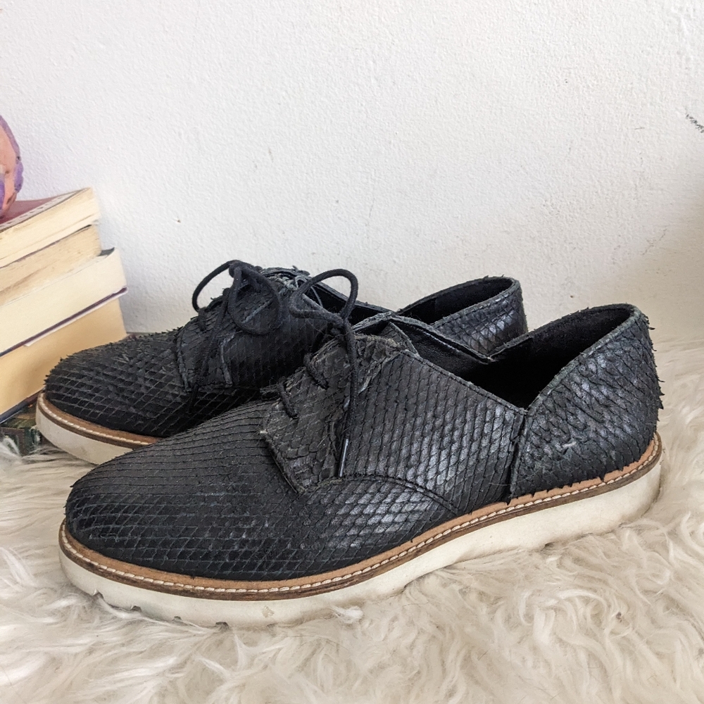 Black Leather Snake Print Low Top Slip On Sneakers Oxford Loafers 9 Dragon Scale